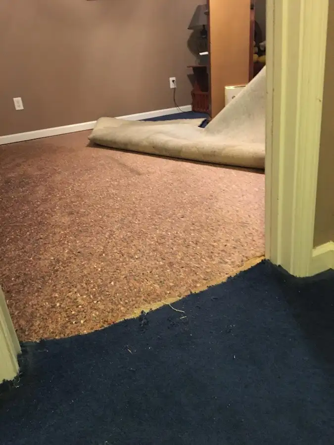 Carpet pad removal revealing water damage during Water Mitigation Services in South Lebanon